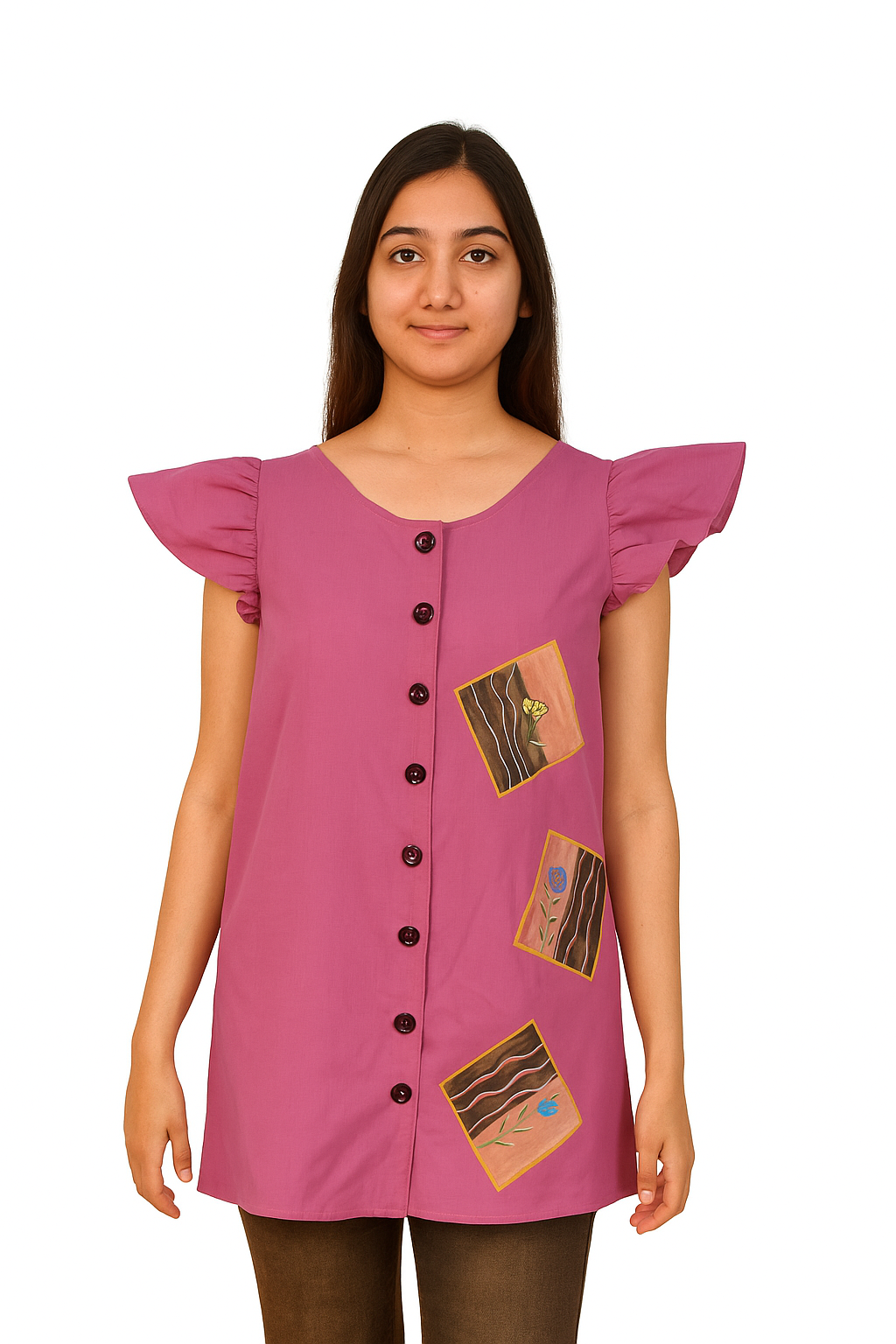 Light Magenta Pochampally Cotton Top with Hand-painted Design